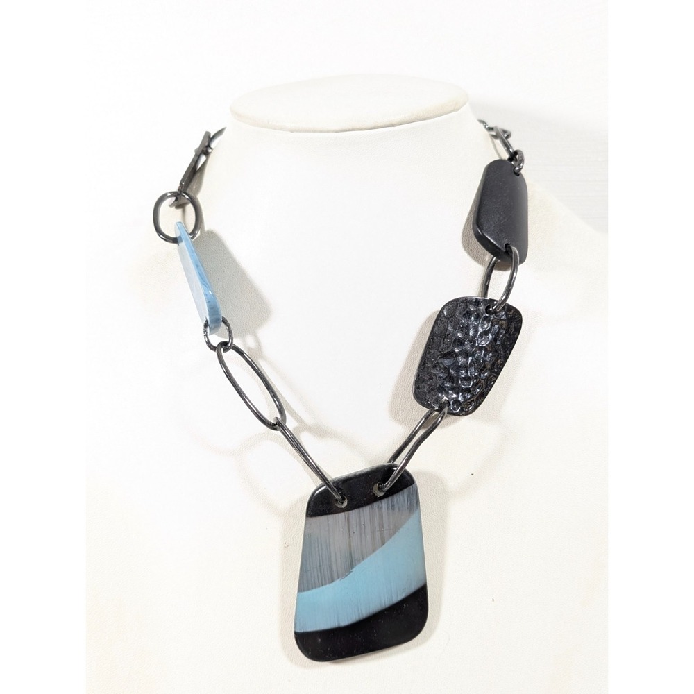 Blue Gray Hammered Statement Necklace Boho Tribal Bold 19" | Artisan‎ Style